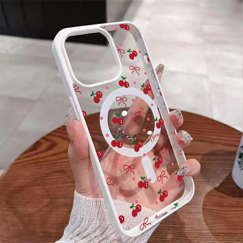 Phone Cases Hard - 레드 체리 프린트 마그네틱 폰 케이스