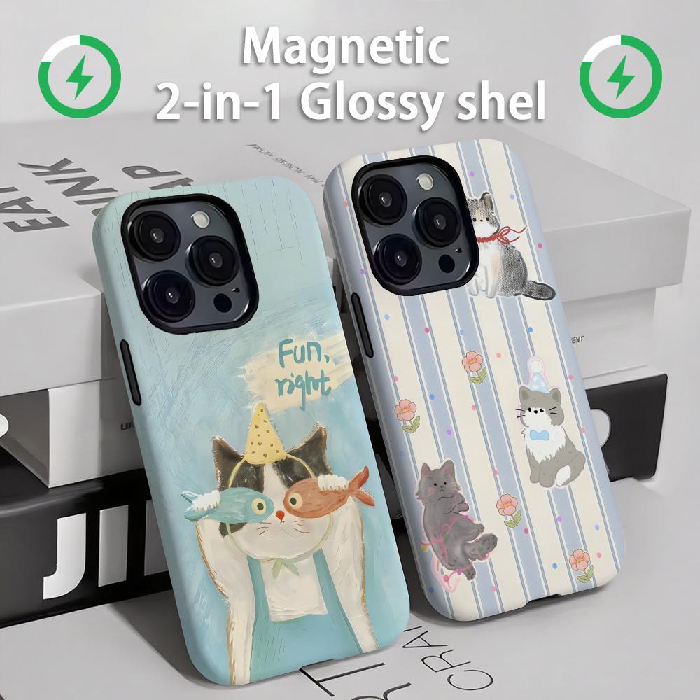 Phone Cases For Iphone 11 - 귀여운 고양이와 강아지 마그네틱 2-in-1 광택