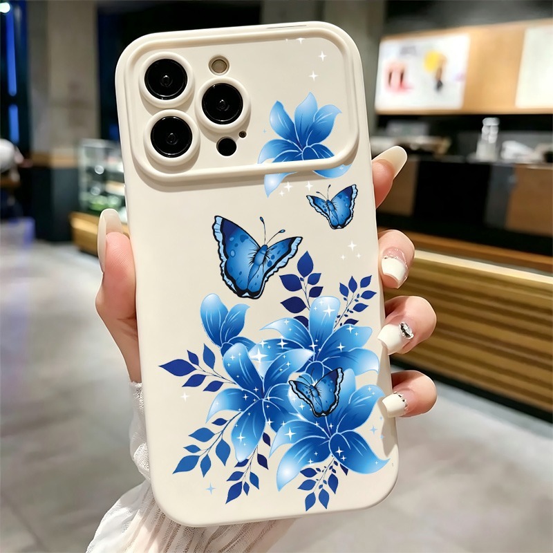 Phone Cases Blue - 블루 버터플라이 플로럴 프린트 아이폰 17
